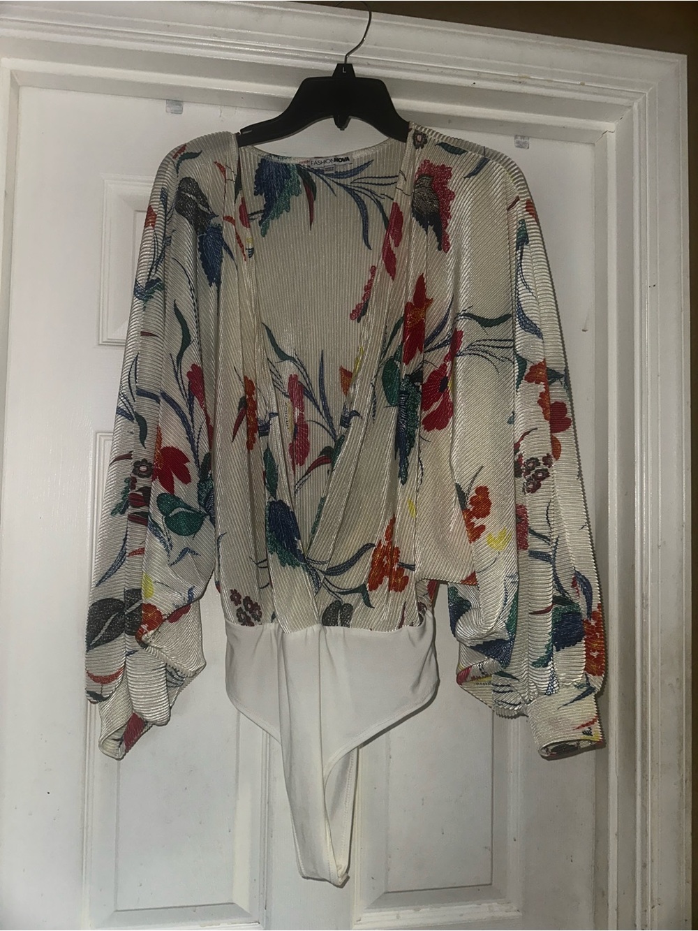 Fashion Nova Cream Floral Wrap-Front Long Sleeve Bodysuit